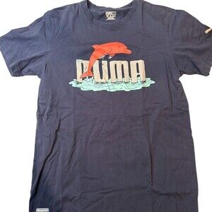 PUMA x Pink Dolphin T-Shirt Mens Size M Navy Blue Graphic Dolphin Logo Tee